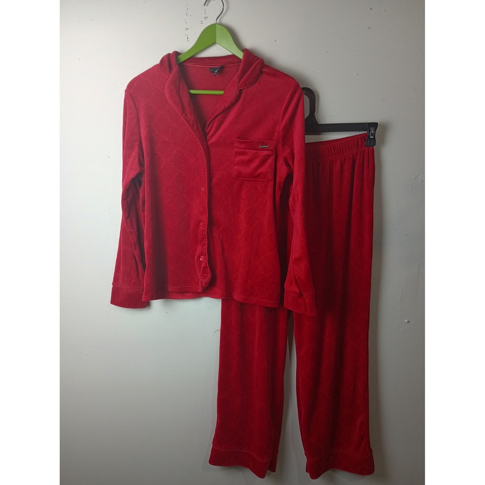 Tahari Womens Velour Pajama Set Embossed Bows Button Front Small WA7597-601-TSA
